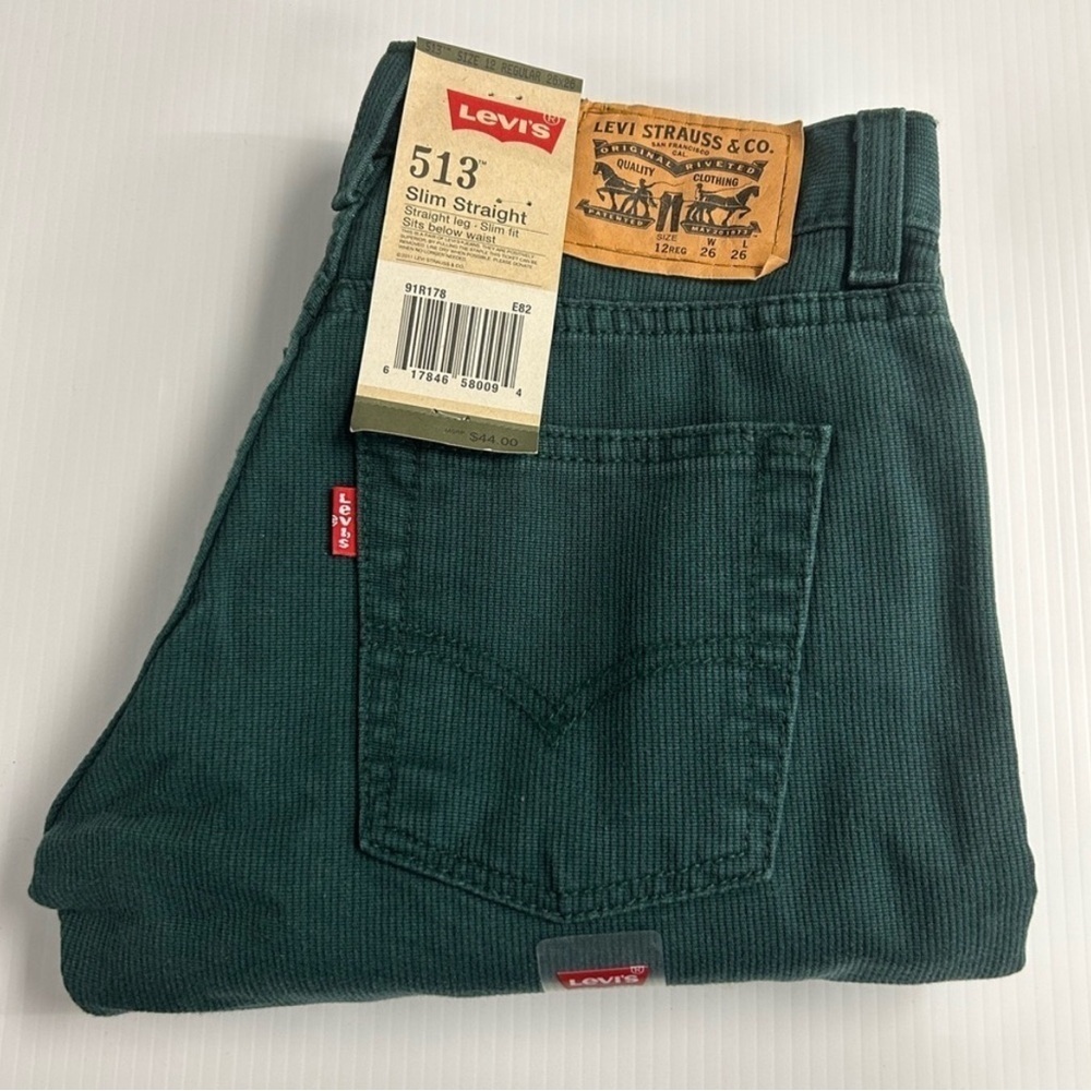 Levi's Boys 513 Slim Straight Fit Corduroy Pants - Green Size 12 Regular NWT - Picture 2 of 5